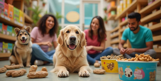 A colorful pet health and nutrition center with happy pets.