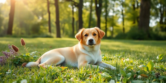 Dog resting in a field with herbs and natural remedies.