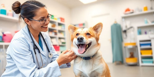 Veterinarian examining a happy dog in a clinic.