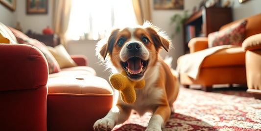 Dog chewing on a toy in a well-decorated living room.