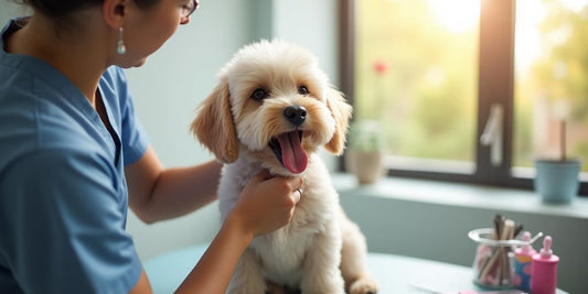 Dog grooming in a bright veterinary clinic setting.