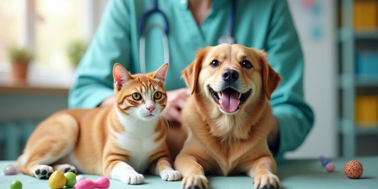 A veterinarian caring for a happy dog and cat.