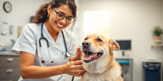 Veterinarian checking a happy dog in a clinic.