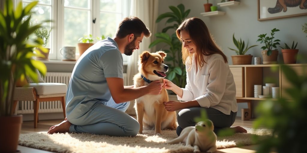 Veterinarian examining a dog in a cozy living room.