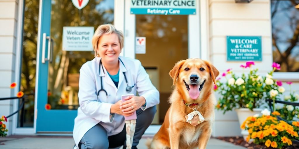 Happy dog with vet outside a veterinary clinic.