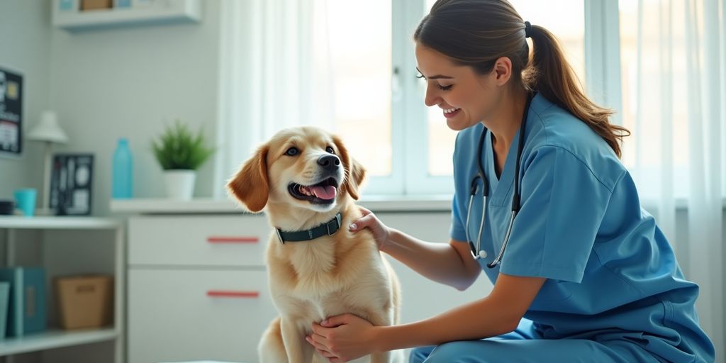 Veterinarian checking a dog in a bright clinic.