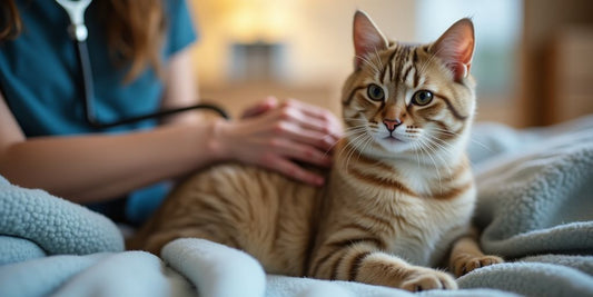 Cat with vet at home, cozy examination setting.