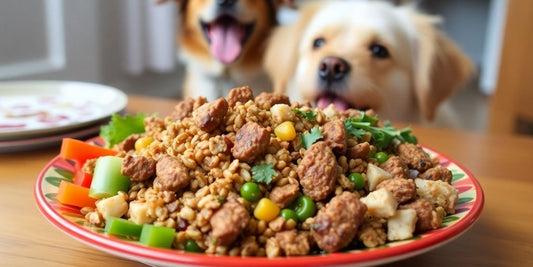 A plate of homemade dog food with fresh ingredients.