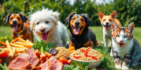 Healthy pets eating nutritious food outdoors.