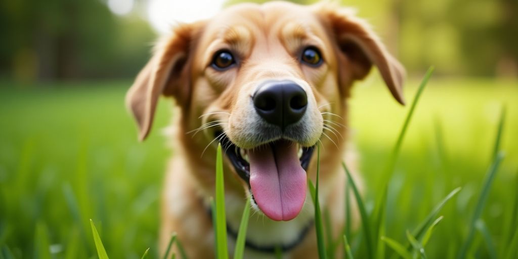 Happy dog in green grass, illustrating canine health.