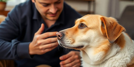 Dog owner checking their pet's health with concern.
