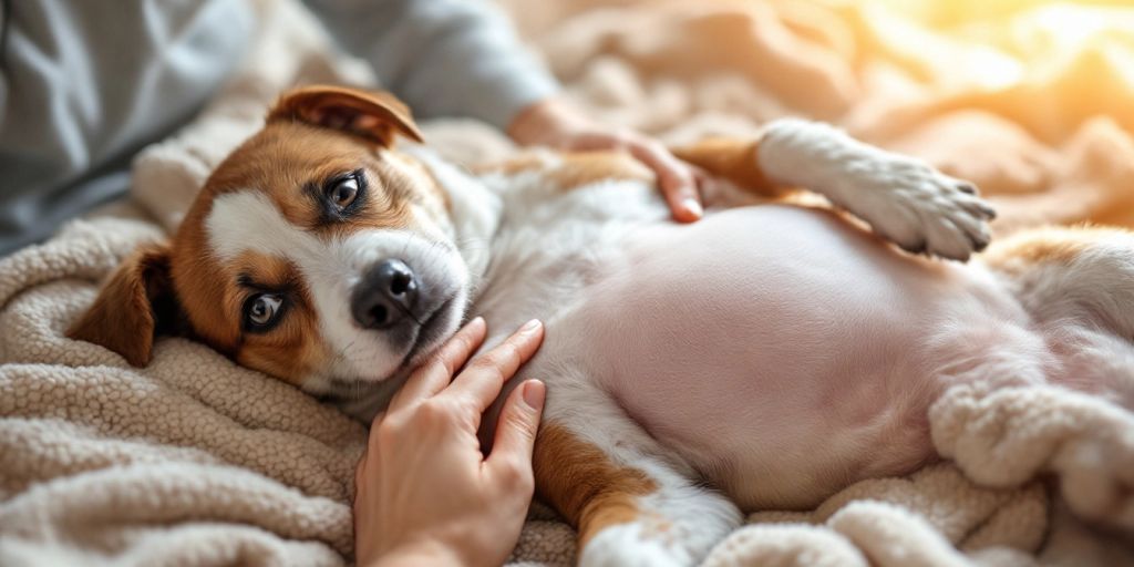 A dog with a bloated stomach lying on a blanket.