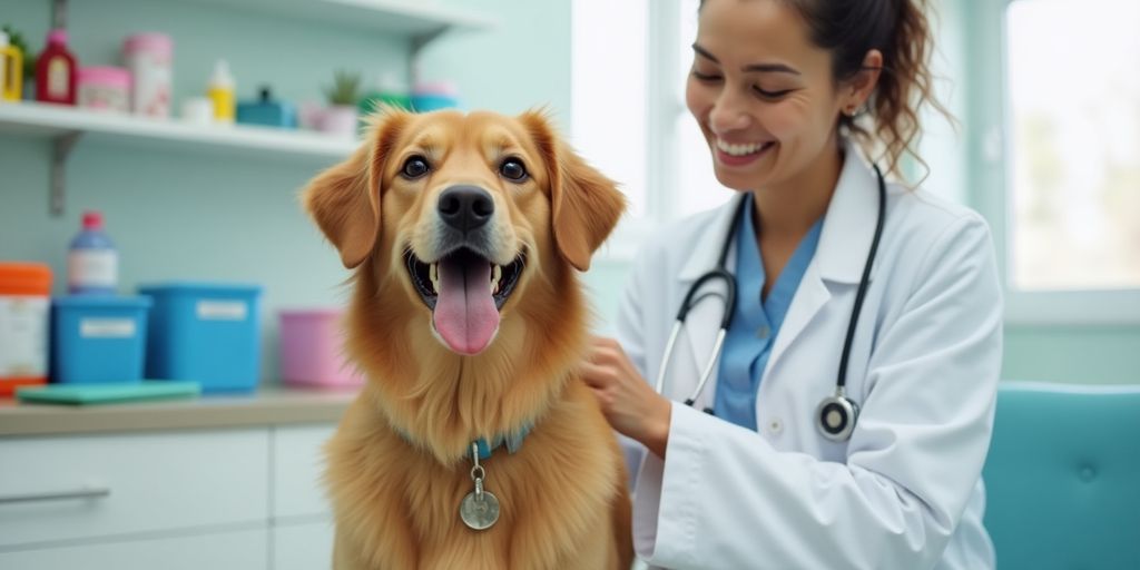 Dog with vet in a bright, welcoming clinic.