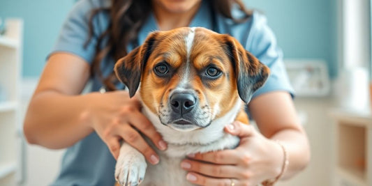 Vet gently examining a calm pet in bright clinic.