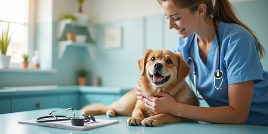 Veterinarian examining a happy dog in a clinic.