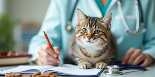 Healthy cat with vet tools and care items.