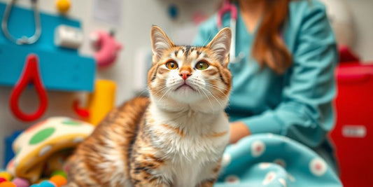 Cheerful cat at a vet clinic with a friendly vet.