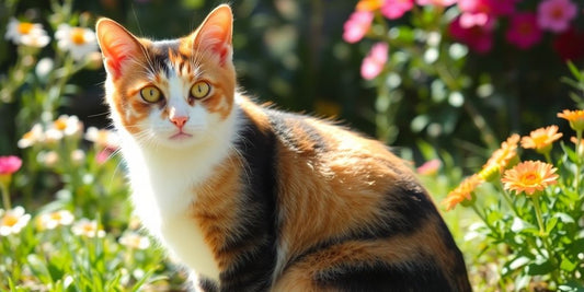 Calico cat in garden with colorful fur and flowers.