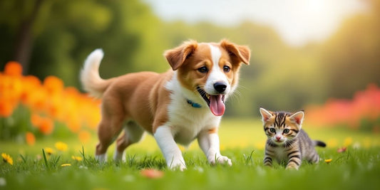 Happy dog and kitten playing in a sunny park.