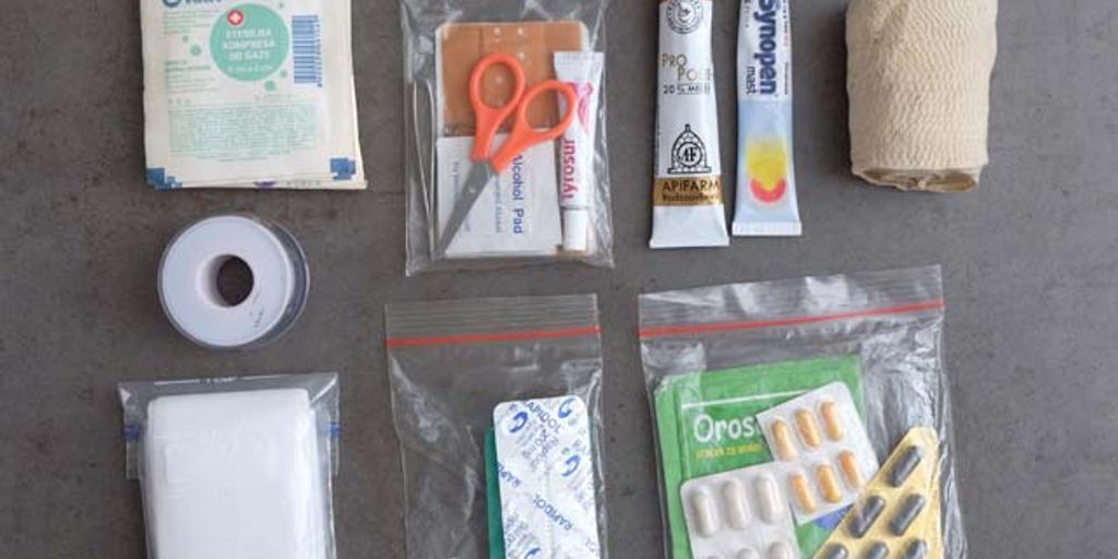 pet first aid kit with medical supplies and pets in a home setting