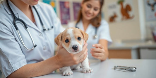Veterinarian examining a puppy in a clinic.