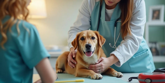 A vet with a dog in a cozy clinic setting.