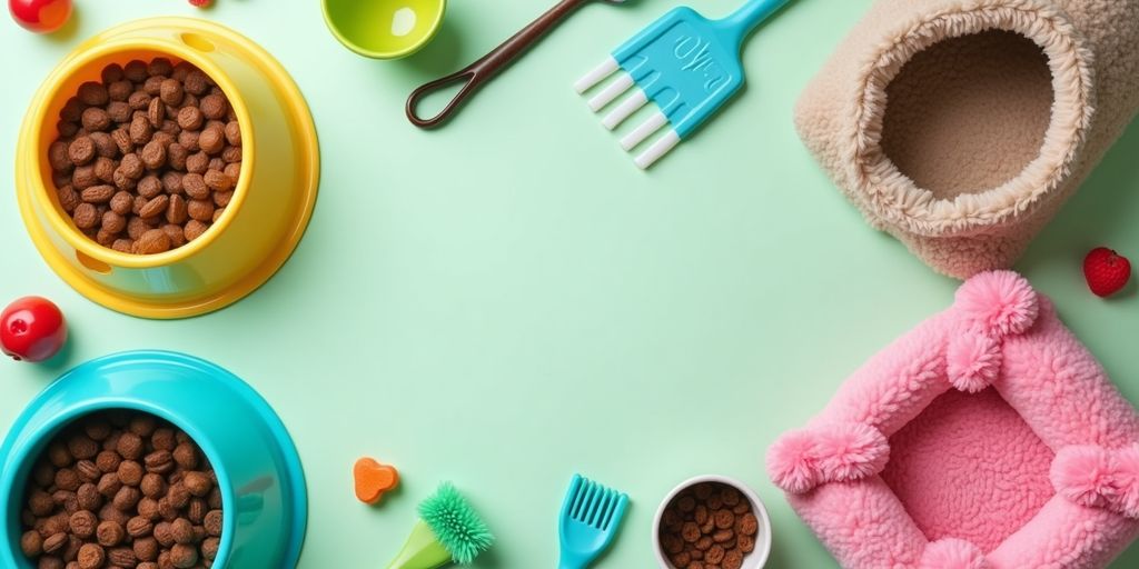 Colorful pet care essentials like bowls, toys, and grooming tools.