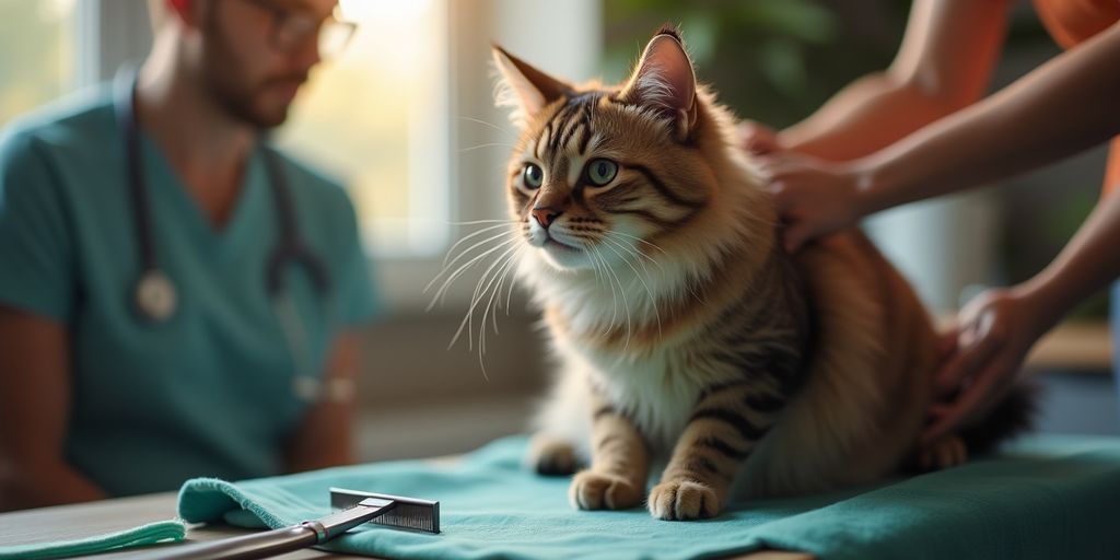 Cat being groomed by a veterinarian in a warm setting.