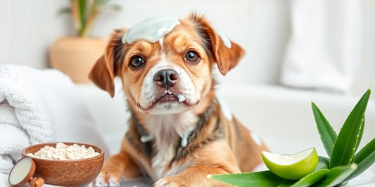 Dog with sensitive skin being bathed with gentle shampoo.