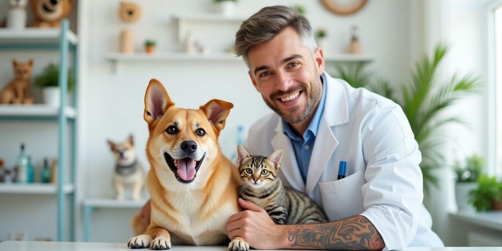 Veterinarian examining a dog and cat in clinic.