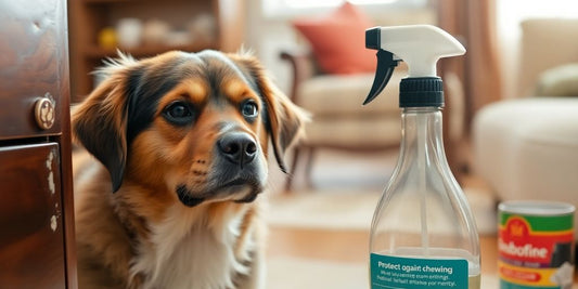 Dog beside furniture with chew marks and spray bottle.