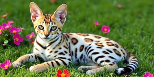 A spotted Savanna cat lounging on green grass.