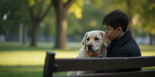 A person with a dog in a peaceful park setting.