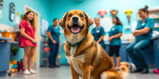 Happy dog at vet clinic with friendly staff.