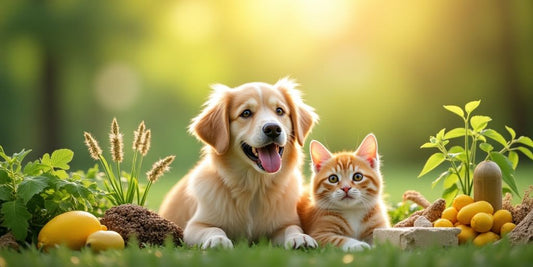 Happy dog and cat with herbs in a sunny setting.