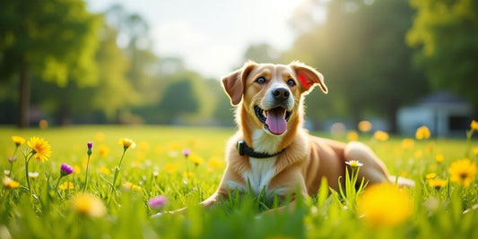 A happy dog resting in a sunny, green park.