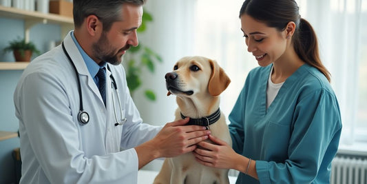 Veterinarian examining a dog with pet owner present.