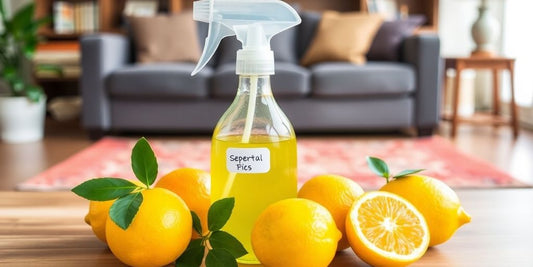 Homemade dog deterrent spray bottle with citrus fruits.