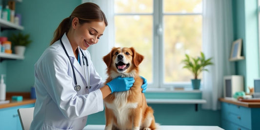 Veterinarian with a dog in a bright clinic setting.