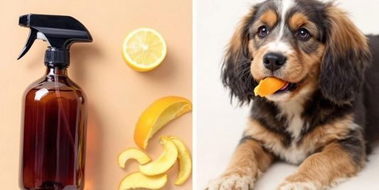Homemade spray bottle and dog with natural ingredients.