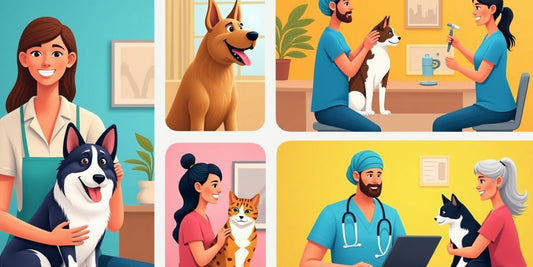 Happy pets receiving care from professionals in a collage.