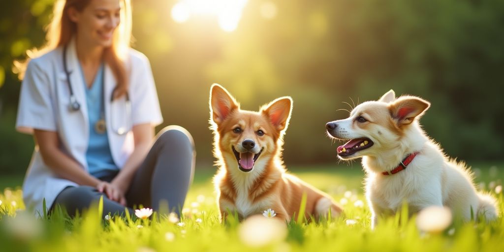 Happy dog and cat playing in sunny park.