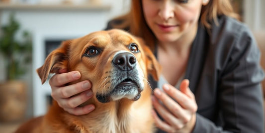 Dog owner caring for their pet in a home setting.