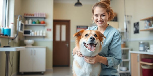 Vet clinic with groomer and happy dog in care.