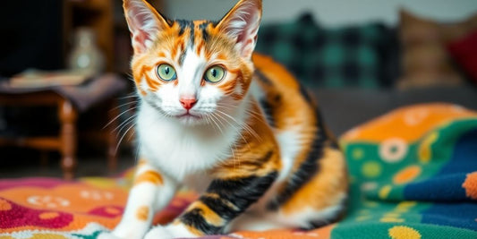 Vibrant calico cat with colorful fur looking curious.