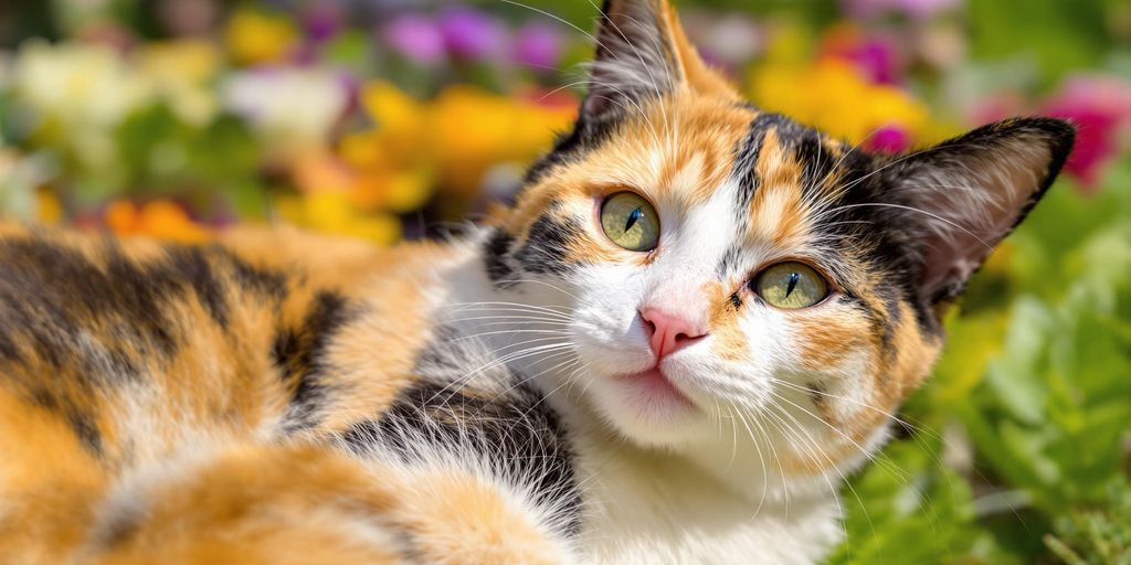 Calico cat lounging in a sunny garden with flowers.