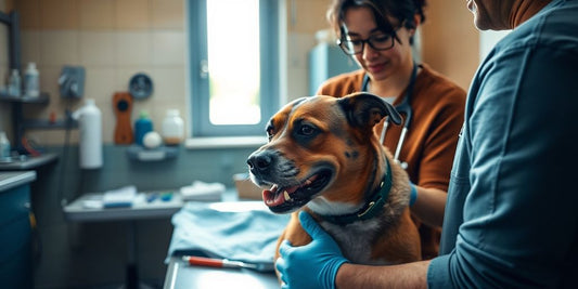 Veterinarian caring for a distressed dog in clinic.