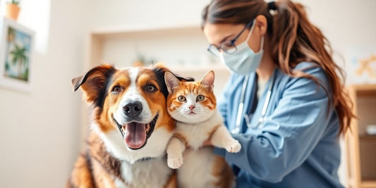 Dog and cat at a vet for wellness check.
