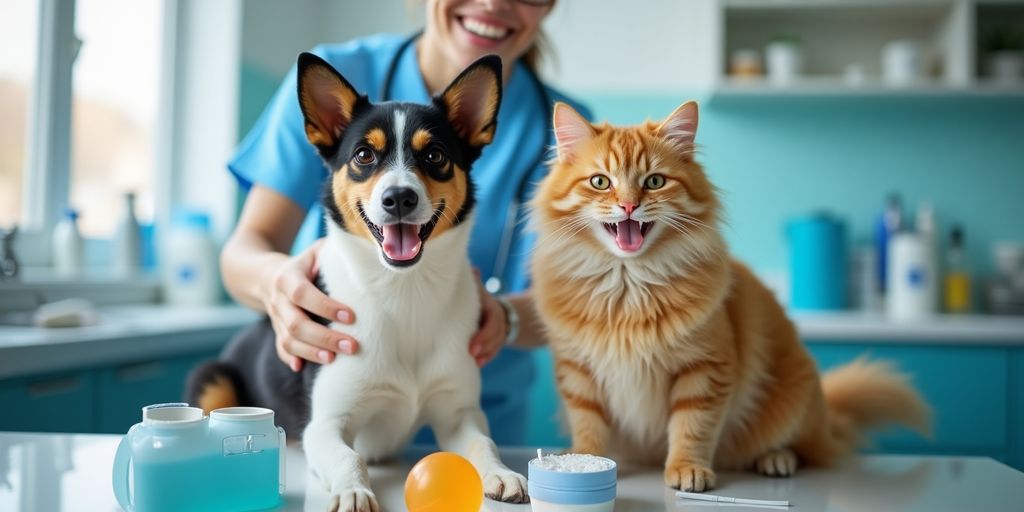 Happy pets receiving care from a veterinarian.