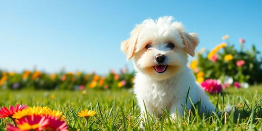 Healthy Maltipoo dog in a sunny outdoor setting.